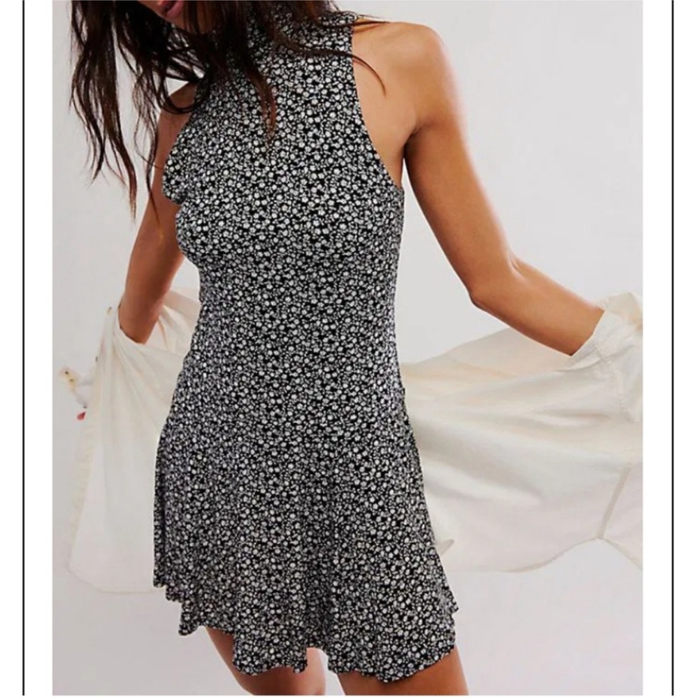 Free People Check It Floral Halter Neck Dress - Black and White